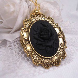 Gold Black on Black Rose Cameo Necklace Pendant